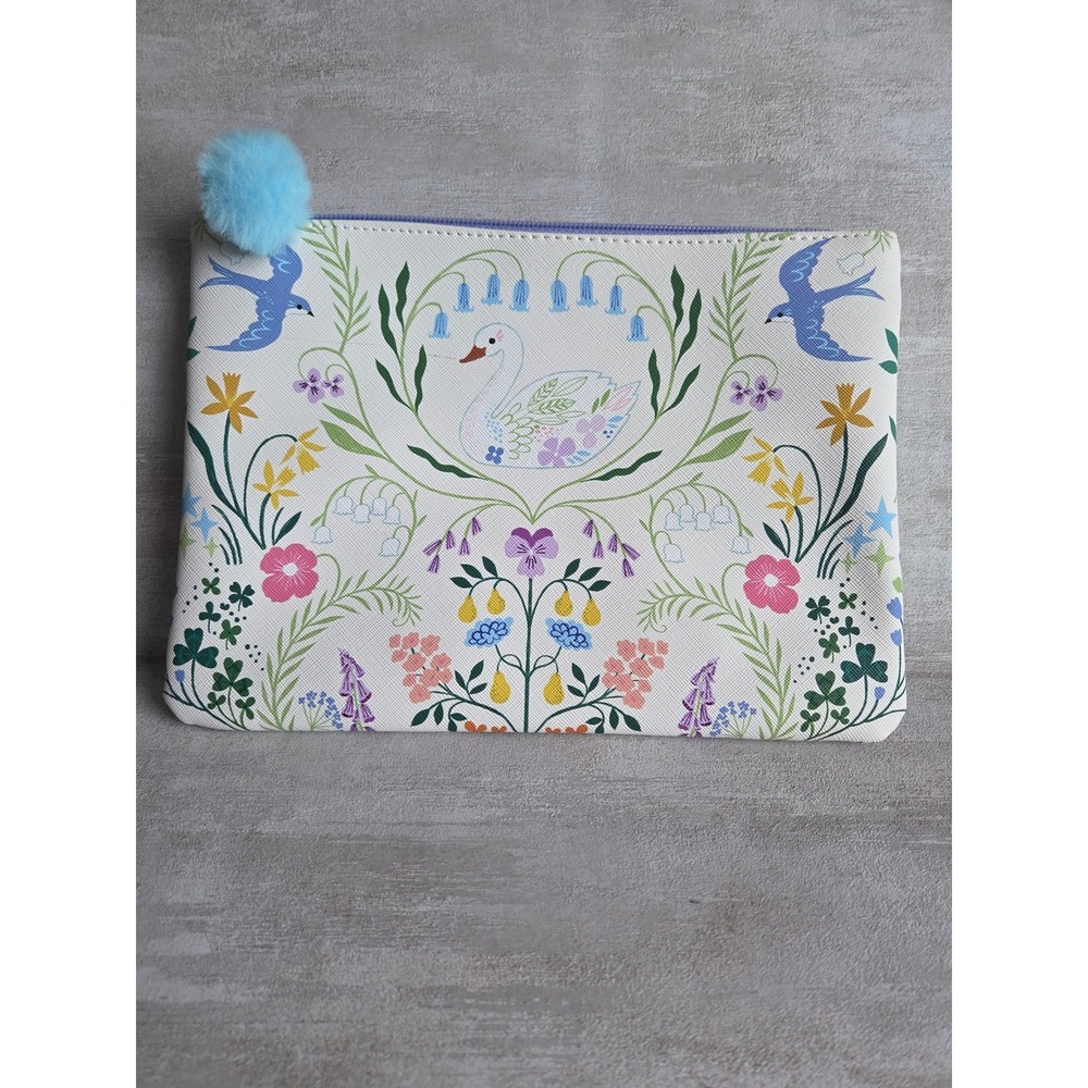 OCS Designs Swan and Bluebird Floral Pouch with Pom Pom Zipper Pull Multi Color